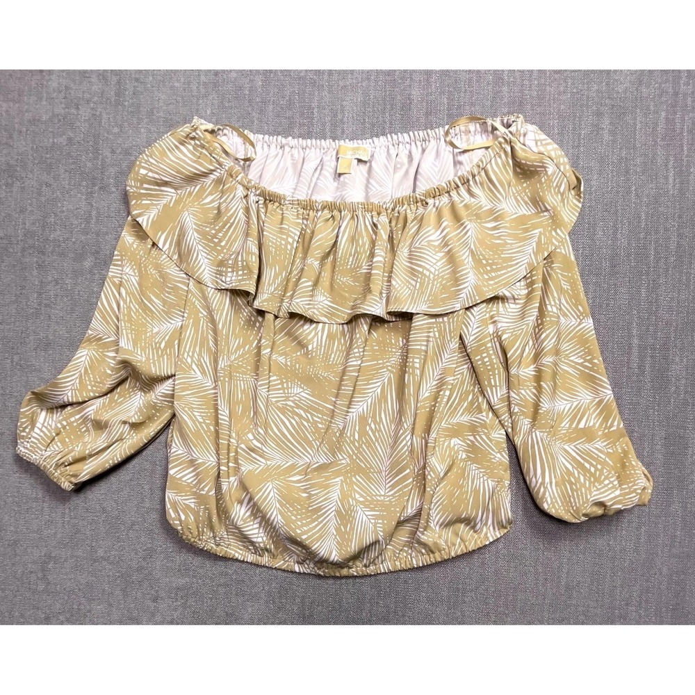 Michael Kors Blouse Womens XL White Yellow Olive Leaf Off The Shoulder Ruffle